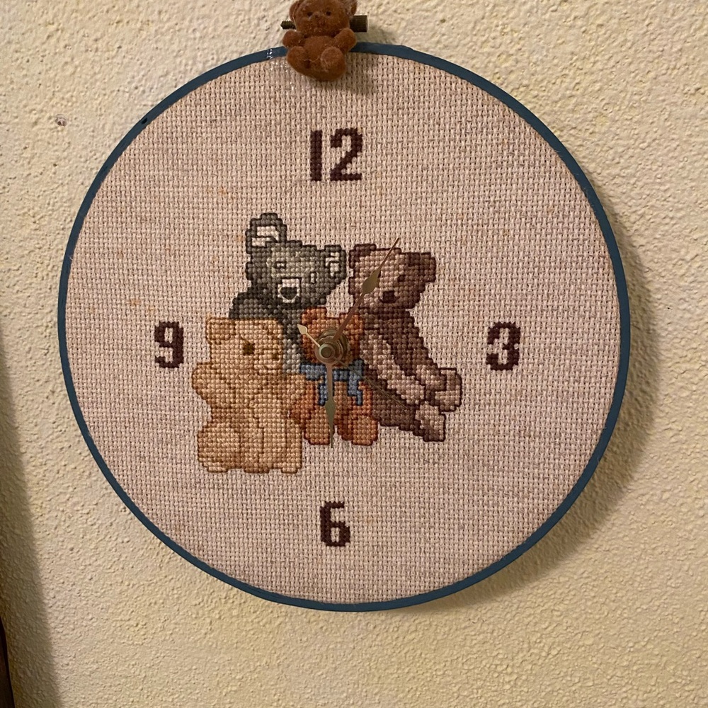 Teddy Bear cross stitched clock. 9” around